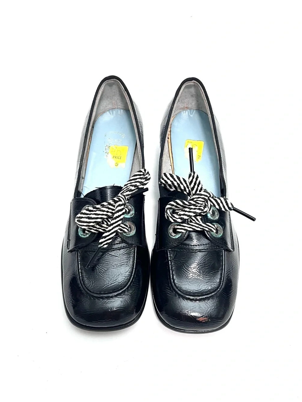 Vintage 1960s deadstock black vegan patent leather square toe lace up oxfords